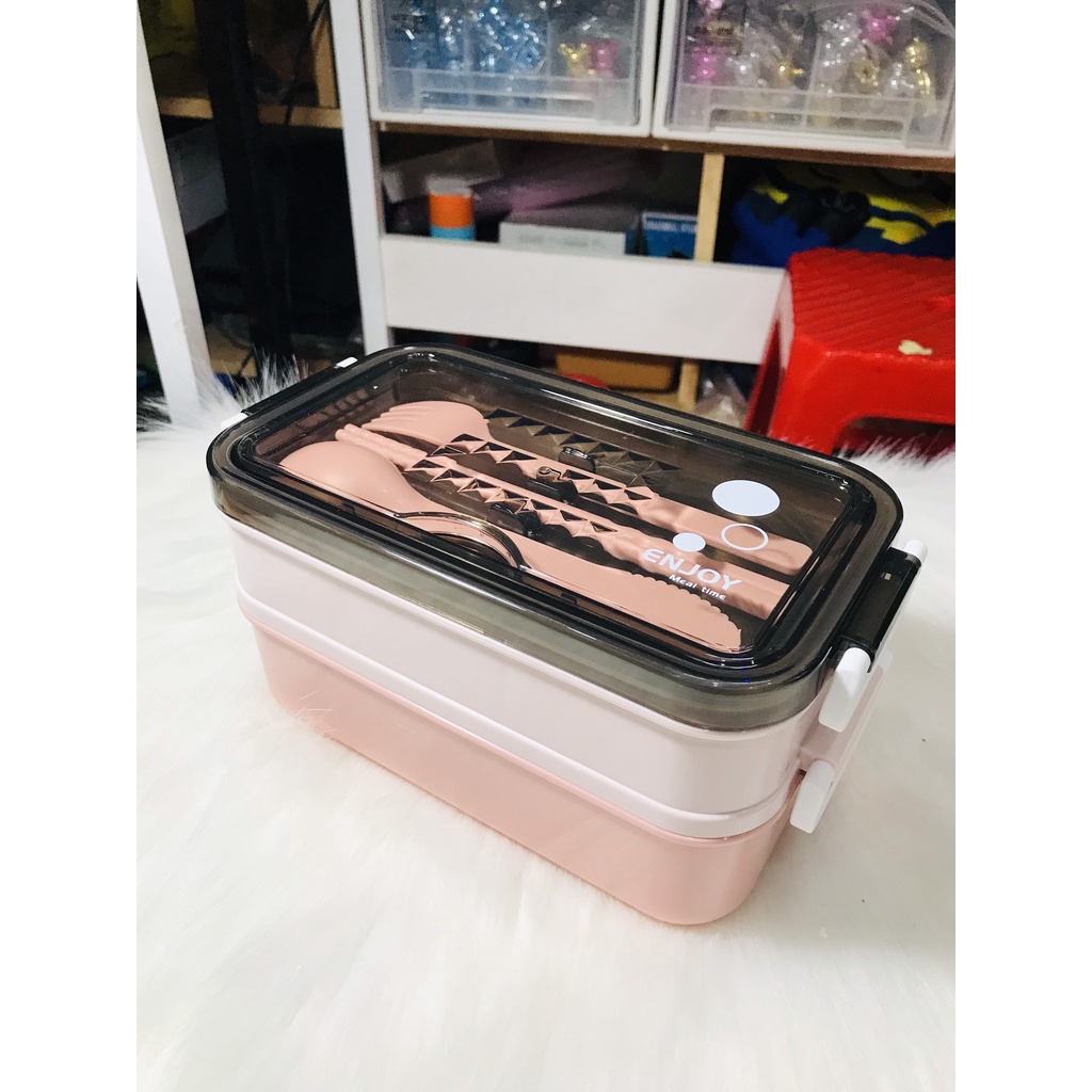 Hộp cơm giữ nhiệt, hộp cơm văn phòng tiện lợi có thể hâm nóng đồ ăn, hộp đựng cơm trưa 2 tầng inox 304, chữ nhật
