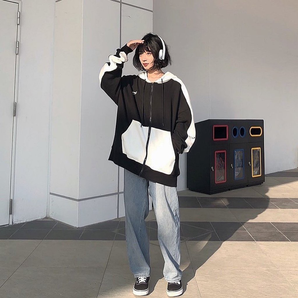 Áo Hoodie kéo Khóa-áo nỉ mũ in bảng chữ cái phối mầu đen trắng