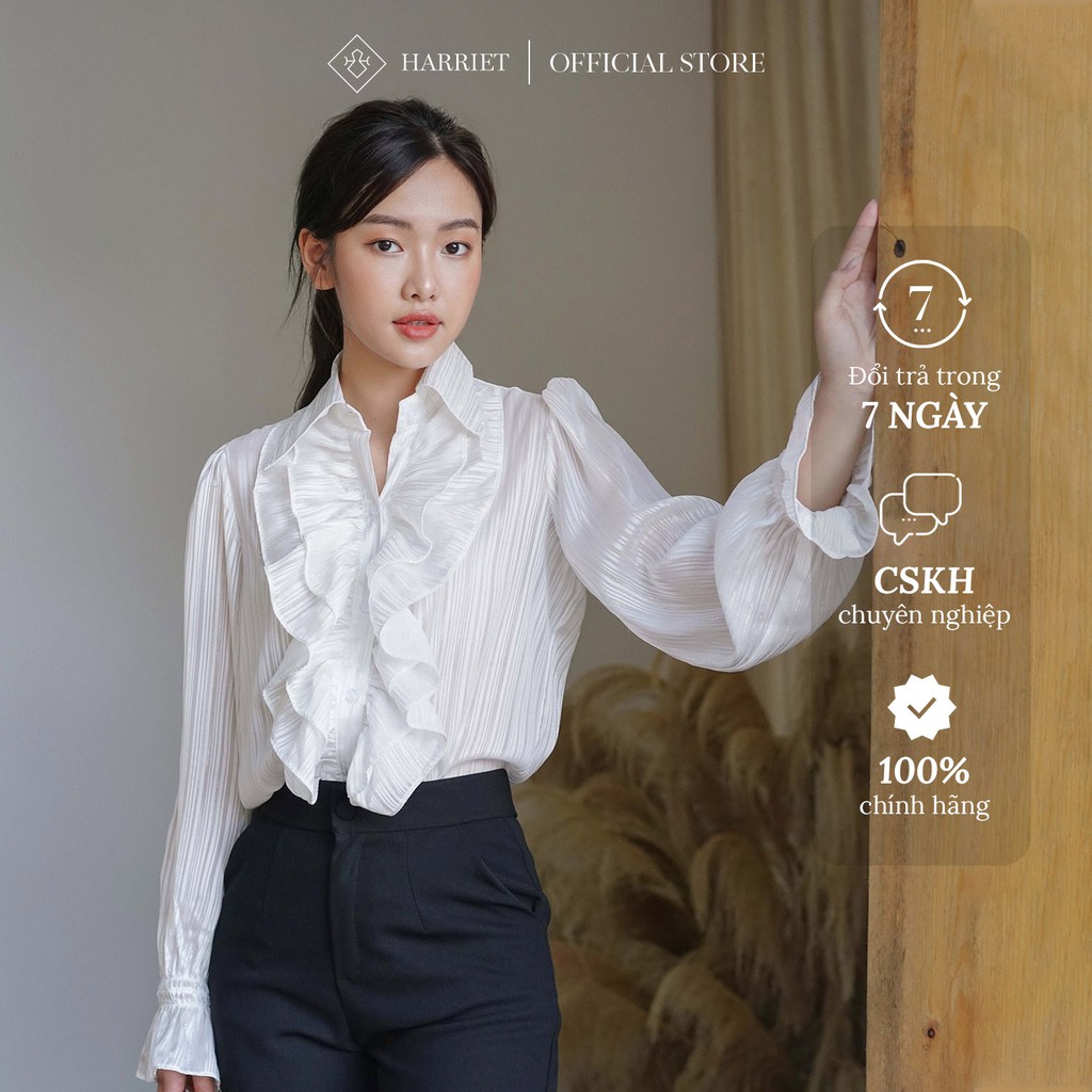 [Mã BMBAU50 giảm 7% đơn 99K] Áo sơ mi nữ công sở thiết kế nhún bèo vải tơ kẻ trắng kim tuyến PearI Harriet