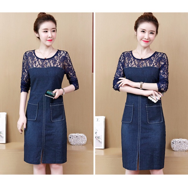 Đầm jean big size cổ và tay phối ren size lớn 65-90kg