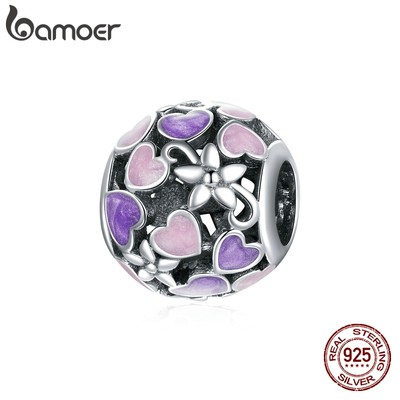 Hạt Xỏ Vòng Tay Bamoer SCC1798 Bằng Bạc Sterling 925 Họa Tiết Hoa Và Trái Tim Tráng Men Tím Hồng Xinh Xắn
