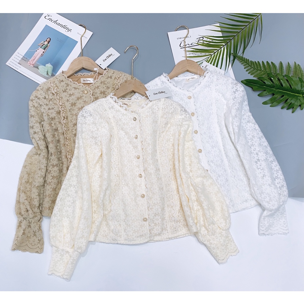 Áo sơ mi nữ ren dài tay đẹp hai lớp dáng suông cổ tròn màu trắng be đi làm đi chơi