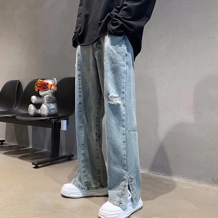 Quần Jean Ống Rộng Xẻ Rách Thêu Chữ Phong Cách Hip Hop Hàn Quốc Thời Trang Cho Nam Và Nữ 2022