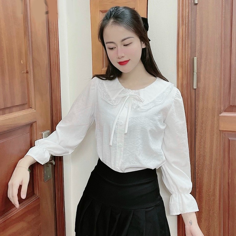 Áo Sơ Mi Nữ Kiểu Dài Tay Cổ Tròn Nơ Ren - Màu Trắng Vàng Đỏ Hồng Xanh Đen - Hanlly Fashion Thời Trang - A33