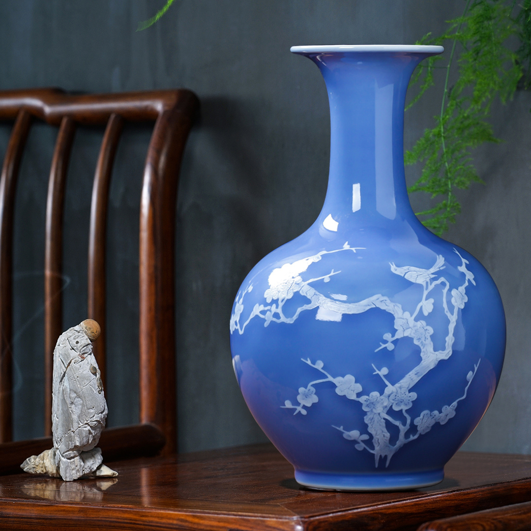 Đồ Sứ gốm jingdezhen bình hoa màu xanh kiểu Trung Quốc nhà phòng khách trang trí nội thất bo cổ giá hàng thủ công Đồ Sứ 