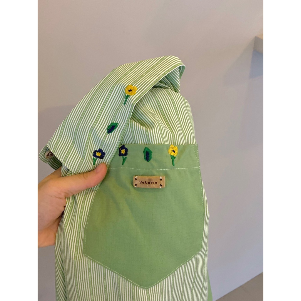 Áo Sơ Mi Nữ Dài Tay Cổ Bẻ Form Rộng Họa Tiết Sọc Vintage Thời Trang