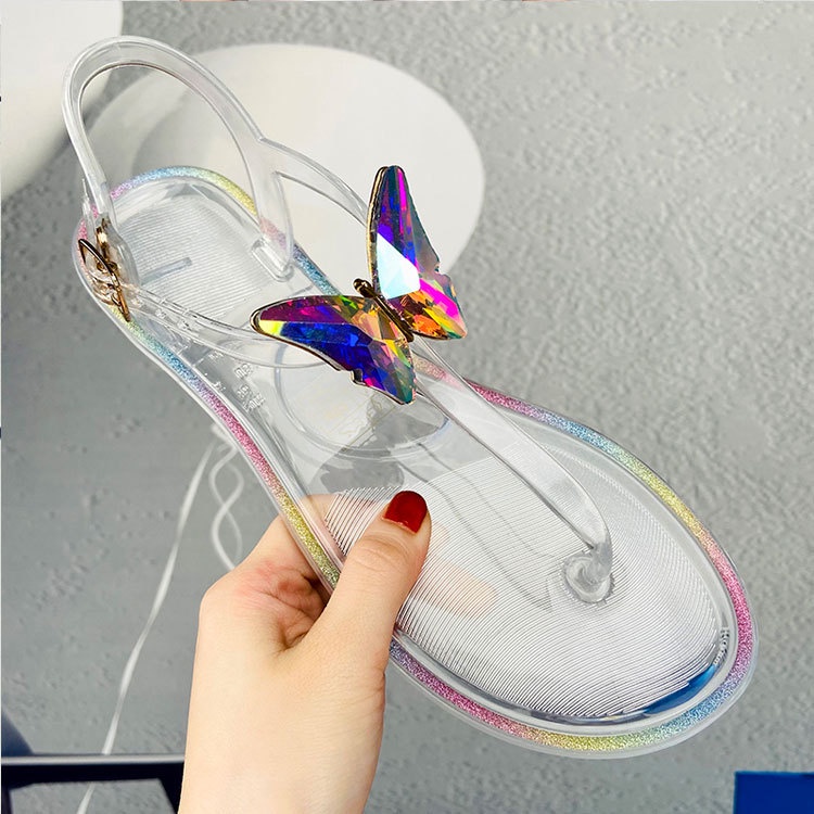 Dép Sandal Nhựa pvc Trong Suốt Đính Đá Trang Trí Hình Bướm Xinh Xắn Thời Trang Đi Biển Cho Nữ