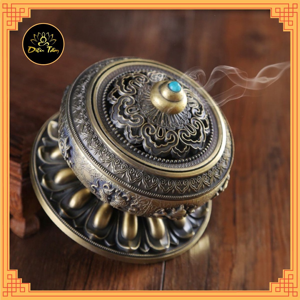 Lư xông trầm hương khắc hình bát bảo cát tường, tặng một hộp trầm nụ và trụ cắm nhang vòng.