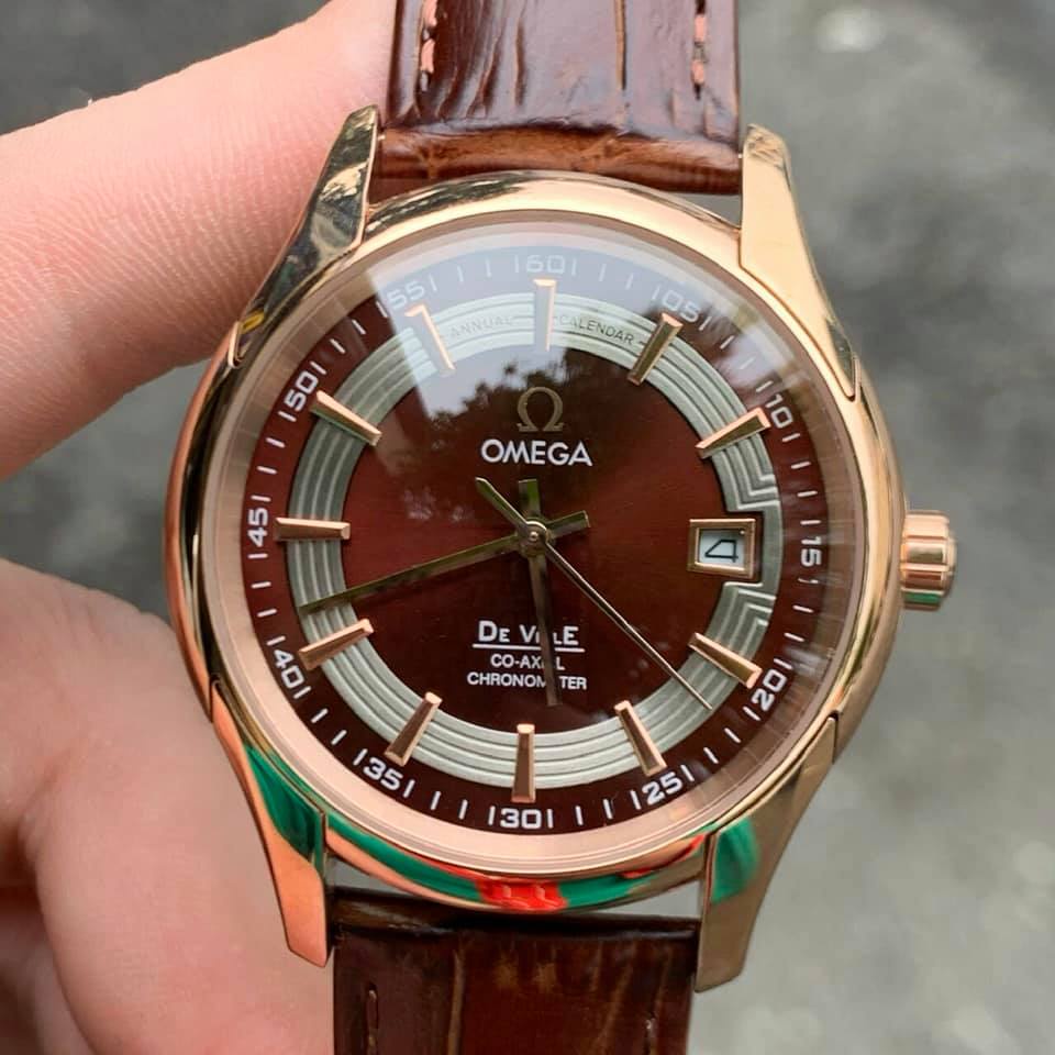 Đồng Hồ Nam Omega deville hour vision Cao Cấp chạy cơ Automatic dây da 40mm mặt đen vỏ vàng hồng