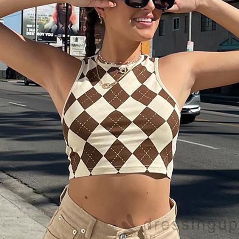 Áo croptop sát nách cổ tròn dáng ôm in họa tiết thời trang cho nữ