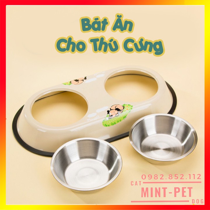 Bát Ăn Đôi Cho Chó Mèo - Chén Ăn Đôi Cho Chó Mèo Men Sứ Lòng Inox #MintPet