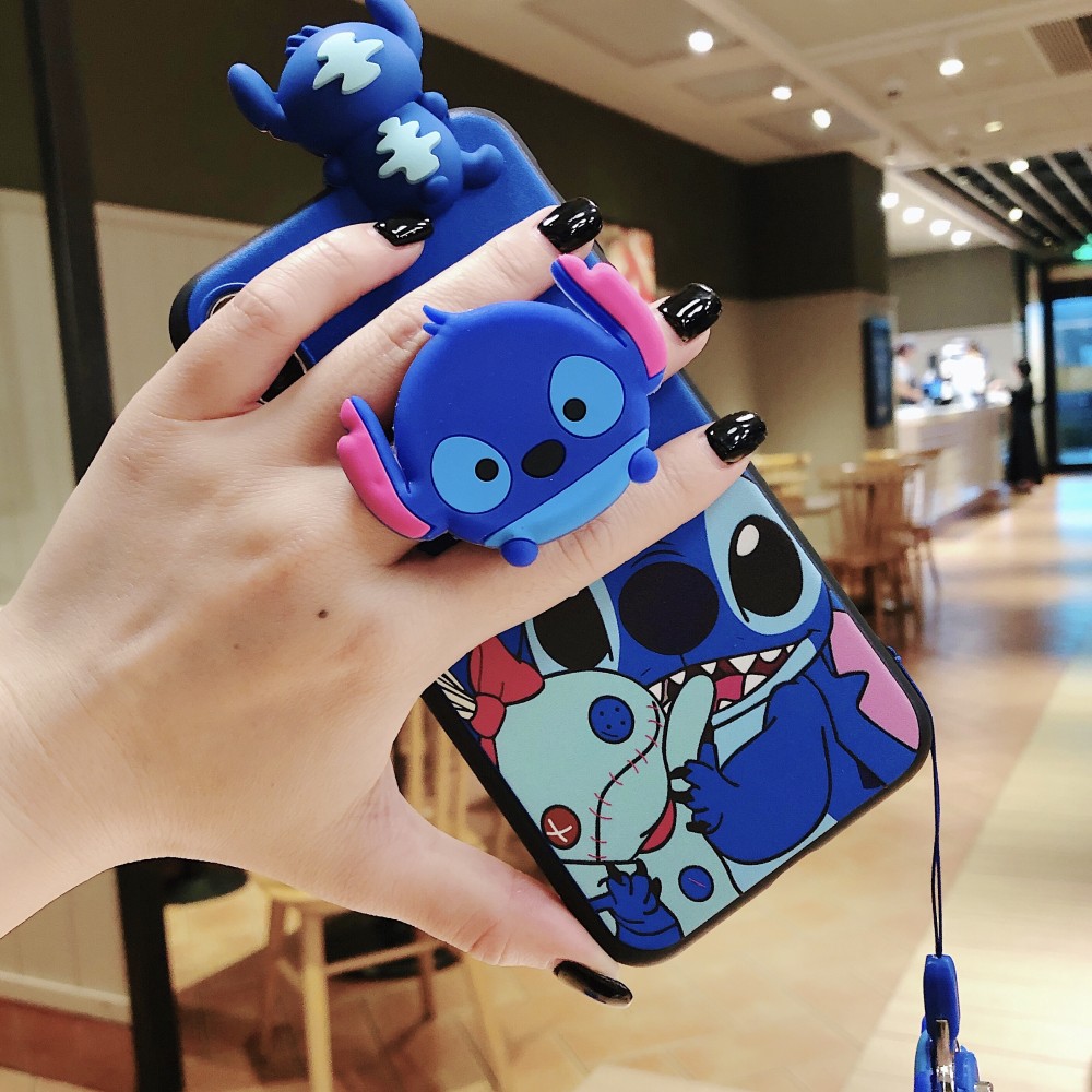 Cute Blue Stitch Soft TPU Phone Case for Samsung Galaxy A71 A51 A70 A50 A30 A20 A50s A30s A20s A10s A21s A01 S20 S10 S9 S8 Plus 3D Japanese Cartoon Bracket Lanyard Cover