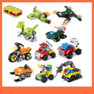 Đồ chơi xếp hình lego giá rẻ 3 trong 1 Qman 2102 mô hình 10 xe ô tô máy bay khủng long sáng tạo dành cho bé