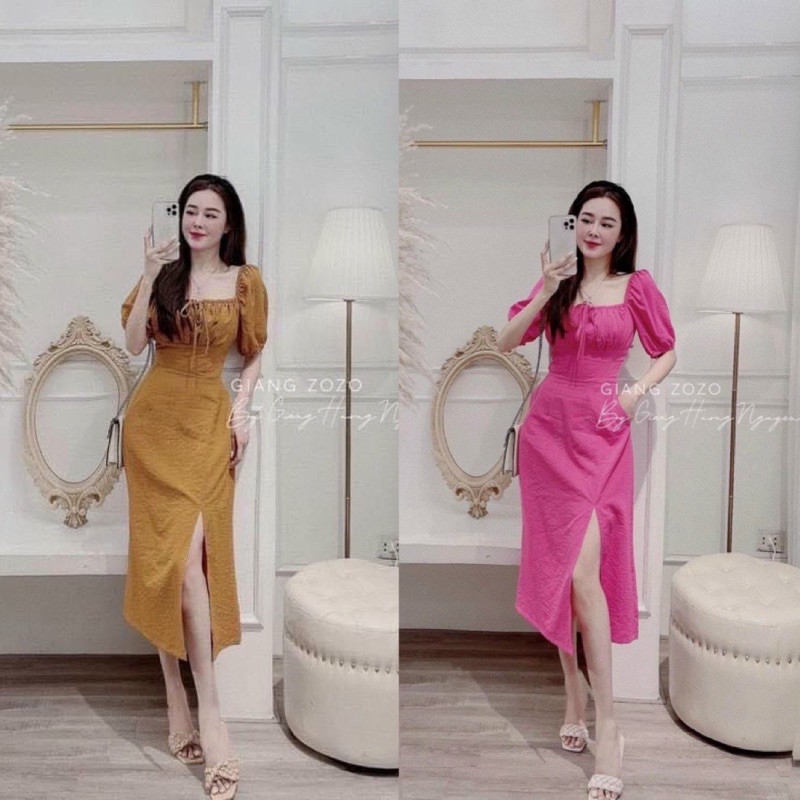 BÁN SỈ VÁY CỔ VUÔNG BUỘC NƠ XẺ VẠT 2M HỒNG NÂU CHO NỮ