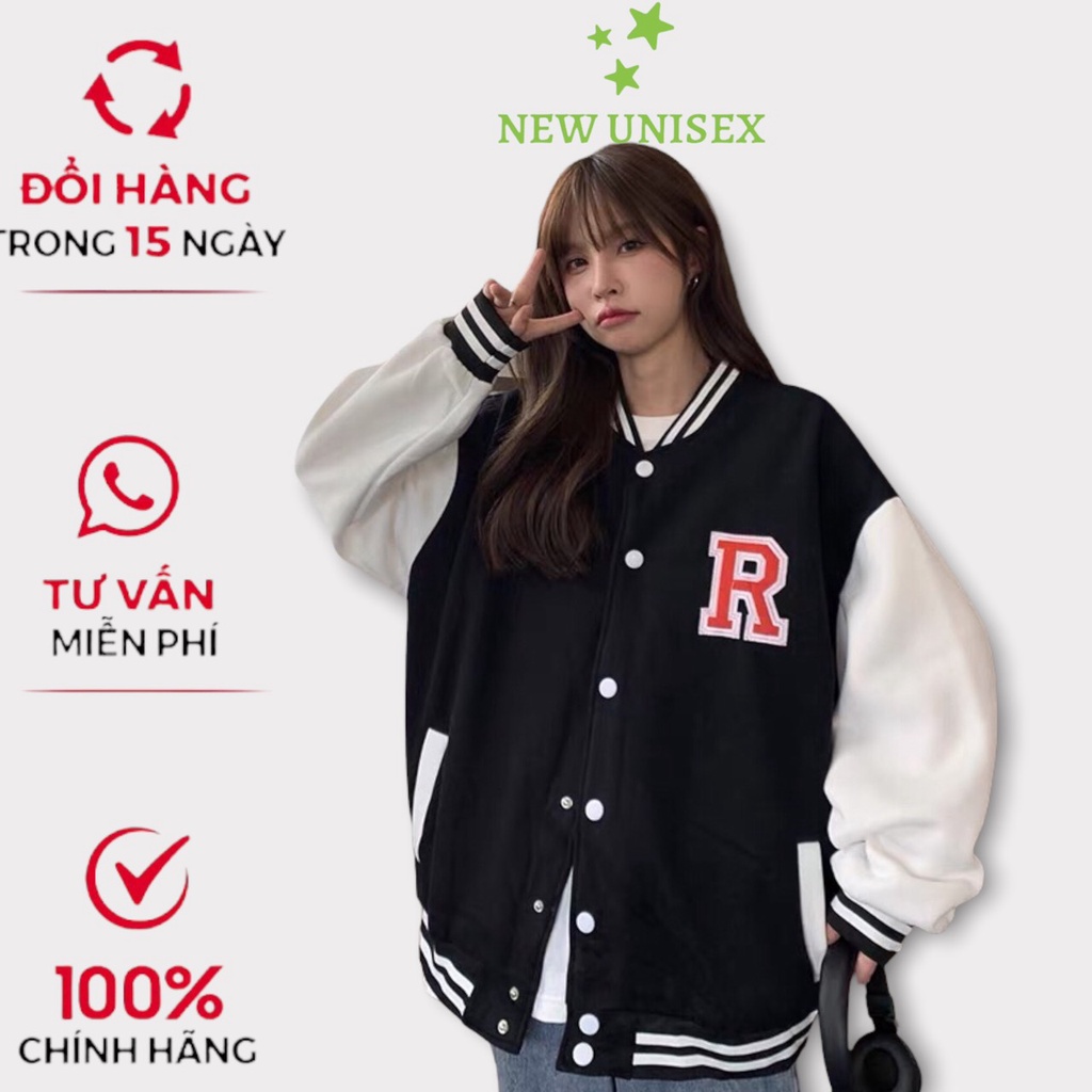 Áo Khoác Bomber Nam Nữ Chất Vải Nỉ Cúc Bấm Thêu Nổi Chữ R Hot Trend