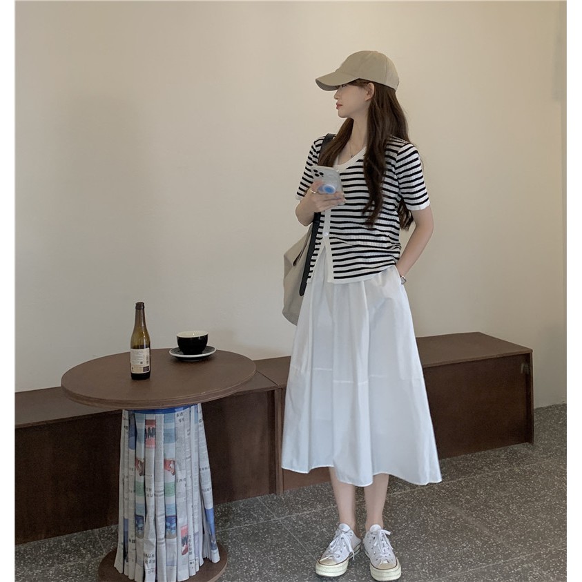Set Áo Cardigan Tay Ngắn Kẻ Sọc + Chân Váy Chữ A Lưng Cao Thời Trang Mùa Hè Hàn Quốc | BigBuy360 - bigbuy360.vn