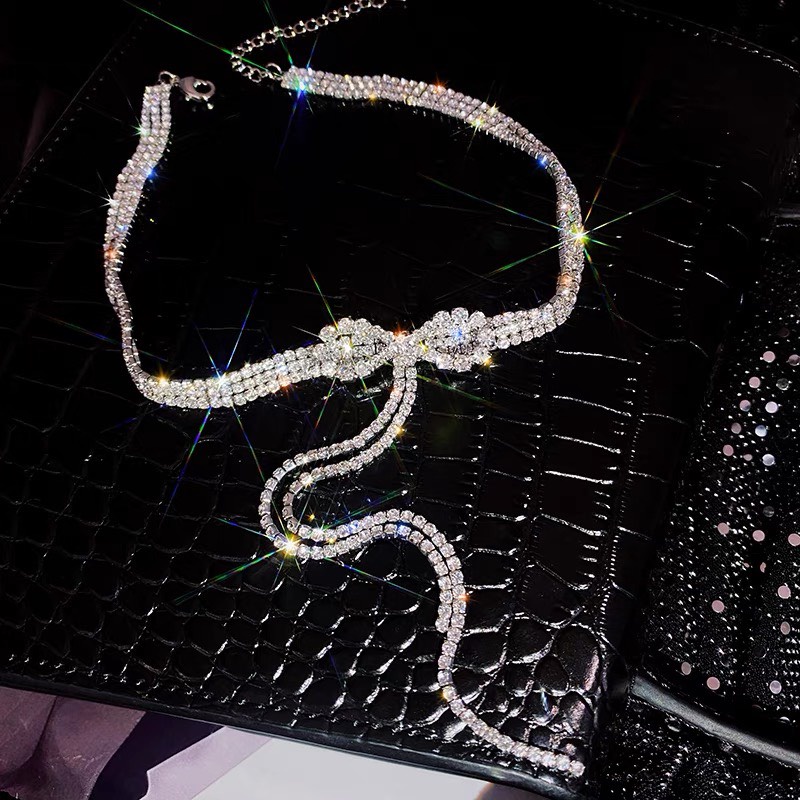 Choker nạm đá hình nơ Trang sức phụ kiện dự lễ lấp lánh sang trọng