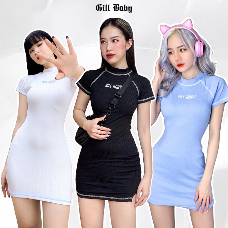 GILLBABY | Đầm body basic tay ngắn chất thun gân logo thêu năng động (ATYPICAL DRESS)