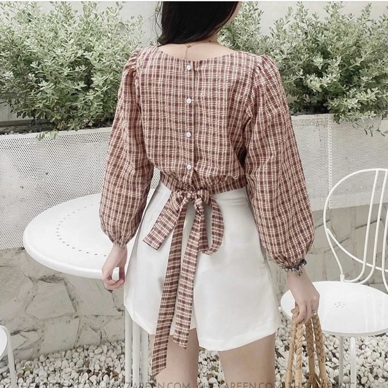 Sét Bộ Đồ Áo Kẻ Caro Dáng Croptop Buộc Nơ Sau + Quần Short Trắng M239- Lolla_Fashion