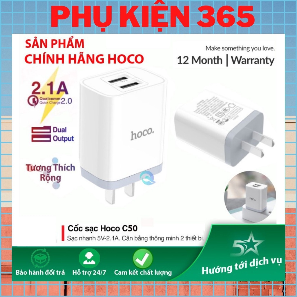 Cốc Sạc Nhanh C50 | Dòng 5V / 2.1A _2 Cổng Ra -Củ sạc nhanh chính hãng