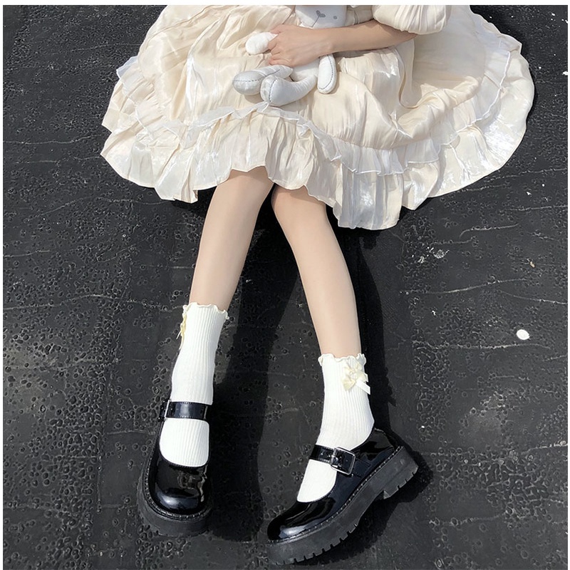 Tất bèo nơ nhí đôi lolita tiểu thư Hàn Quốc chất len đẹp trắng đen be nữ nhiều màu