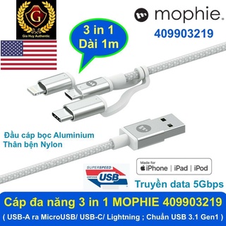 Cáp sạc iPhone, iPad, Android đa năng 3 in 1 chuẩn USB 3.1 Gen1 MOPHIE USB-A ra MicroUSB/ USB-C/ Lightning MFi dài 1m