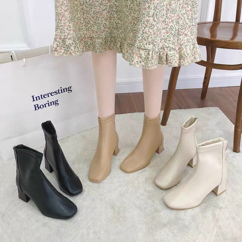 Giày Boot Nữ Fashion Shoes Mũi Vuông Chỉ Xéo Cao 6cm