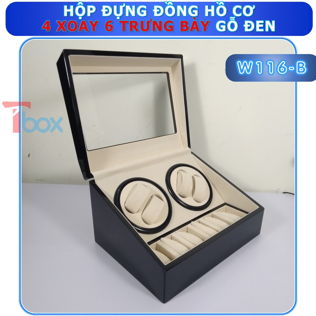 Hộp đựng Đồng hồ cơ 10 chiếc Hộp xoay Đồng hồ cơ 4 xoay 6 tĩnh bằng gỗ màu đen pinano sang trọng