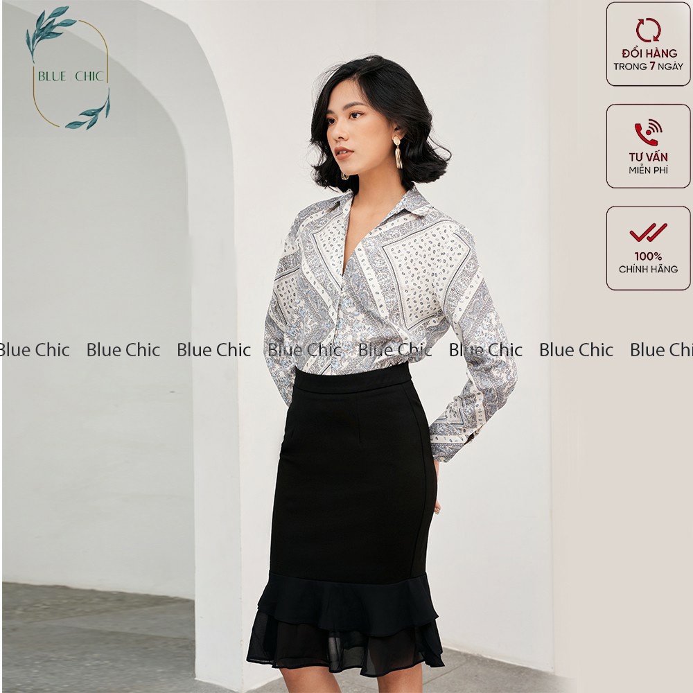 Chân váy bút chì Blue Chic đuôi cá cạp cao công sở nữ phối ren bèo thanh lịch nữ tính