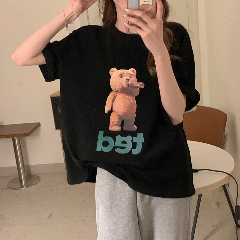 Áo thun IELGY tay ngắn dáng rộng in hình chú gấu hoạt hình kiểu Hàn Quốc cho nữ