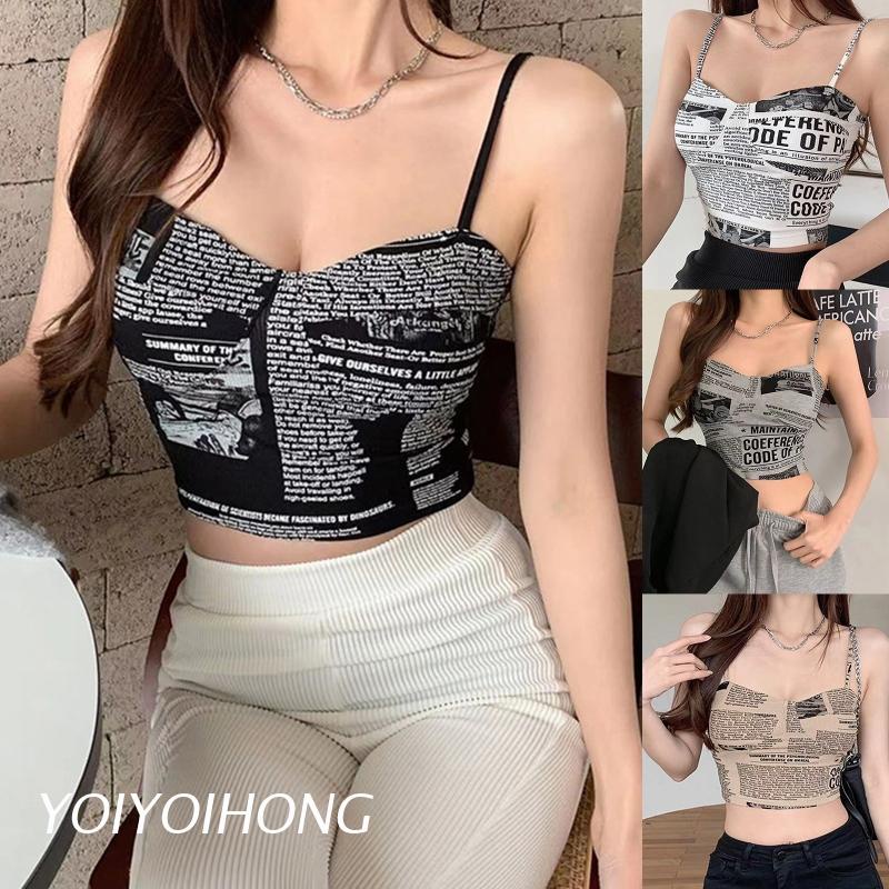 Áo Croptop Hai Dây In Họa Tiết Tờ Báo Phong Cách Cổ Điển Quyến Rũ Dành Cho Nữ