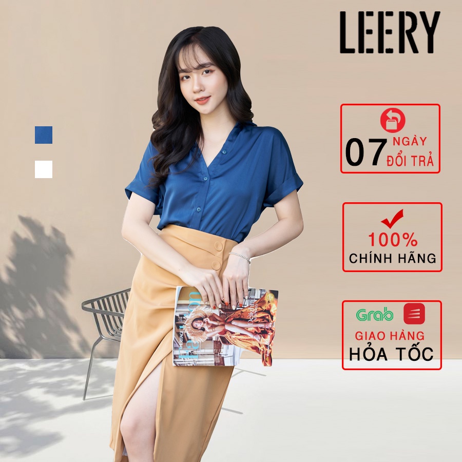 Áo sơ mi công sở nữ LEERY tay ngắn kiểu cổ đức vải lụa Hàn cao cấp màu Trắng Xanh LEERY SM-08 - Hàng nhập khẩu