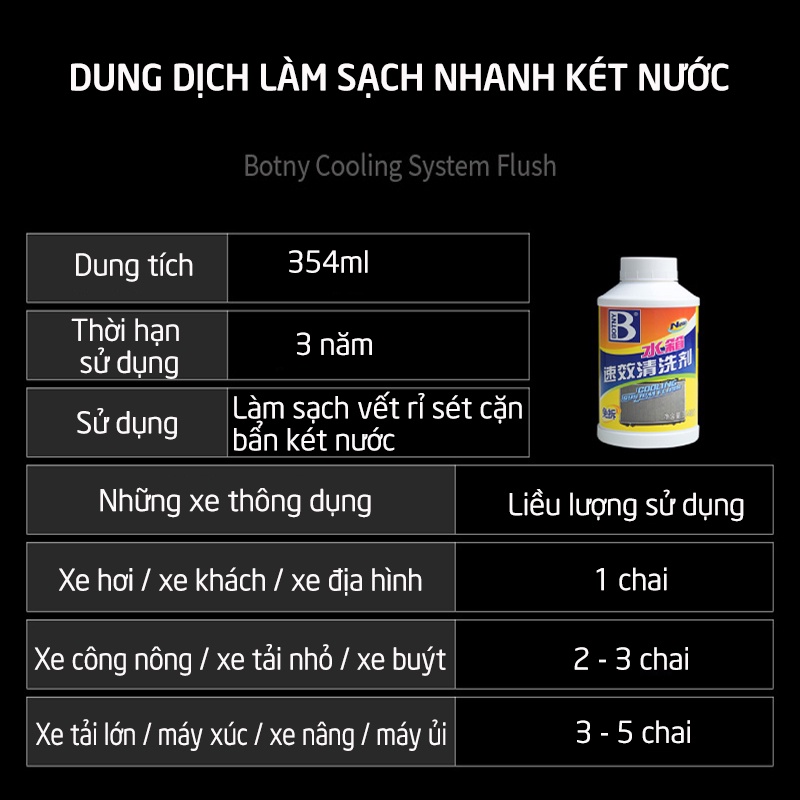 Chai vệ sinh két nước Botny B-1122 354ml, dung dịch làm sạch nhanh cặn bẩn trong hệ thống làm mát xe hơi, xe tải