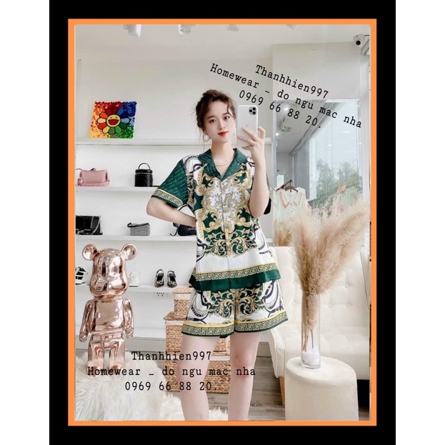 PIJAMA ĐÙI - TAY NGẮN XANH LÁ CÂY O003 LỤA XƯỚC TÔ CHÂU CAO CẤP.