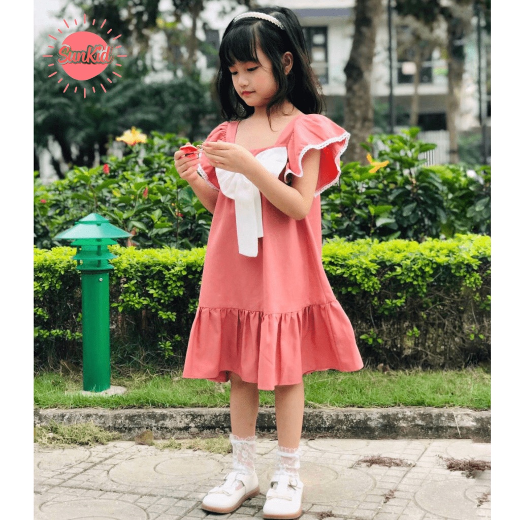 Váy đầm bé gái dáng suông đuôi cá thắt nơ vải trượt nhật cao cấp mùa hè Sunkid NN2 màu hồng 4-12 tuổi