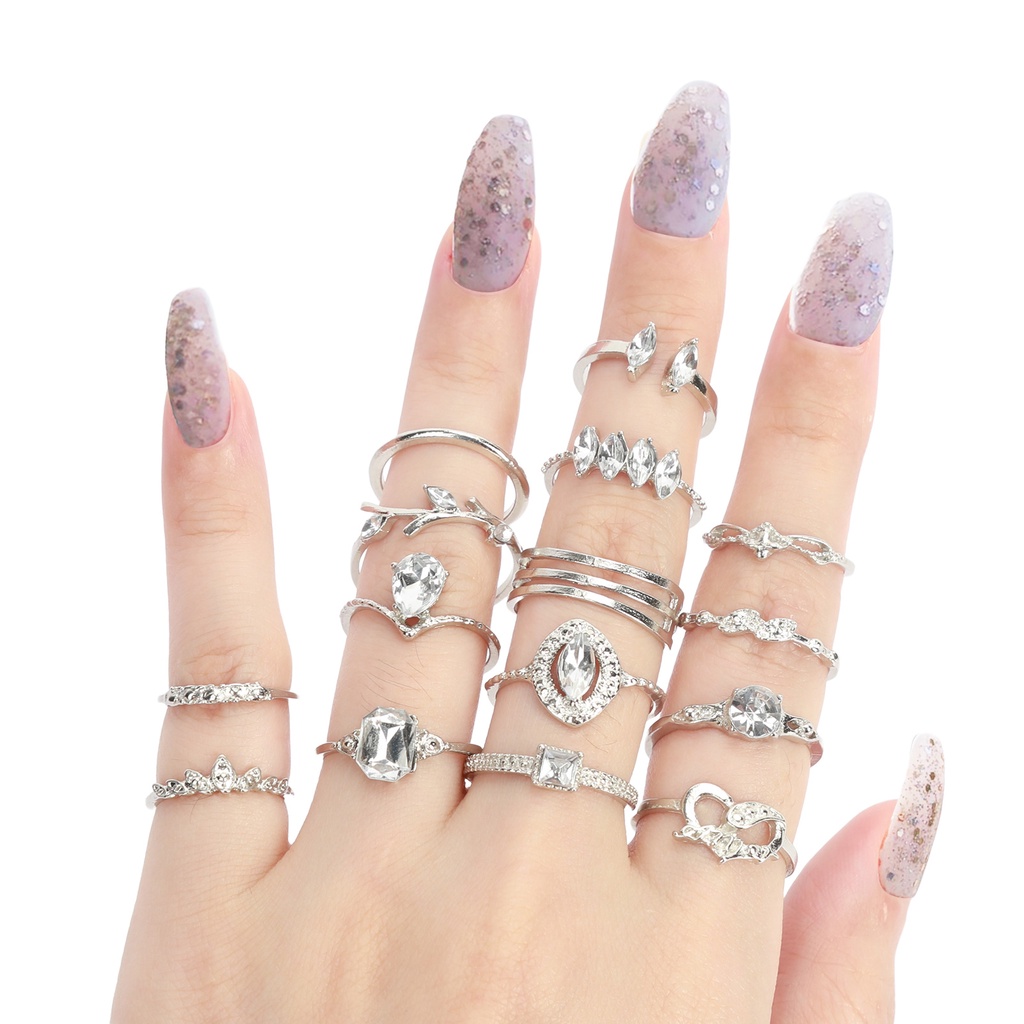 15 nhẫn hợp kim đính kim cương nhân tạo phong cách bohemian
