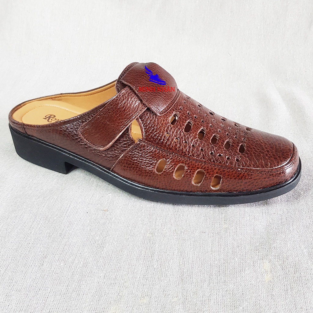 Giày Sục Nam Da Bò Dép SaBo Nam Bít Mũi có KHÂU ĐẾ Rọ nam đục lỗ mùa hè thoáng khí R-1 màu nâu