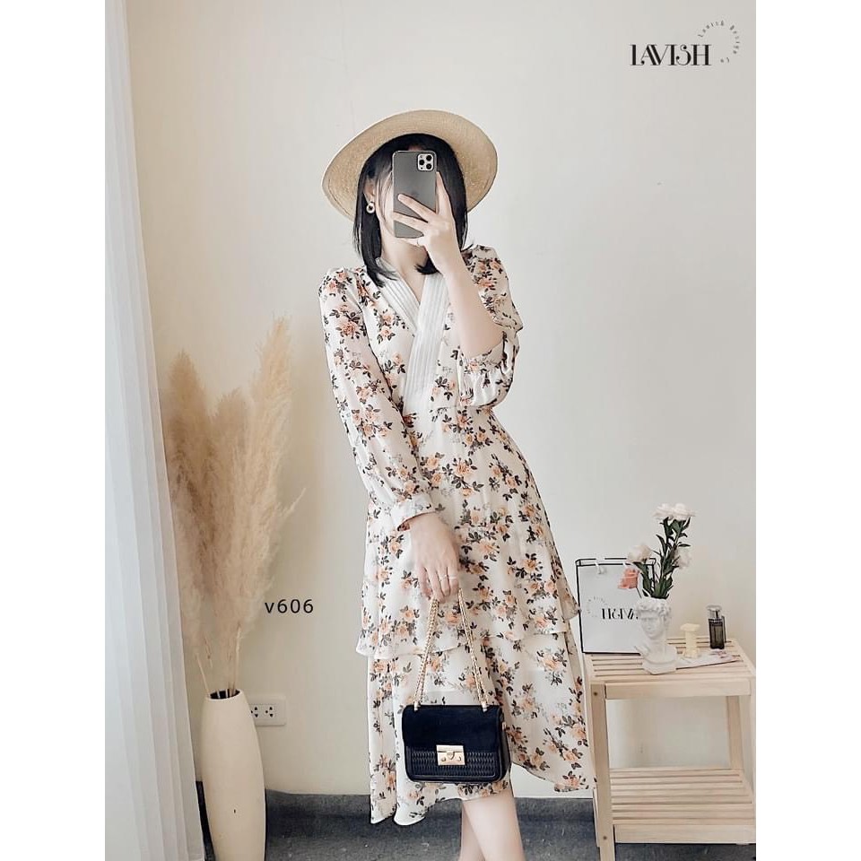 Váy Đầm cam cổ V, xòa, hoa nhí, đẹp, đầm đẹp, công chúa, dự tiệc, chất voan cao cấp, form chuẩn, size từ 40-60kg