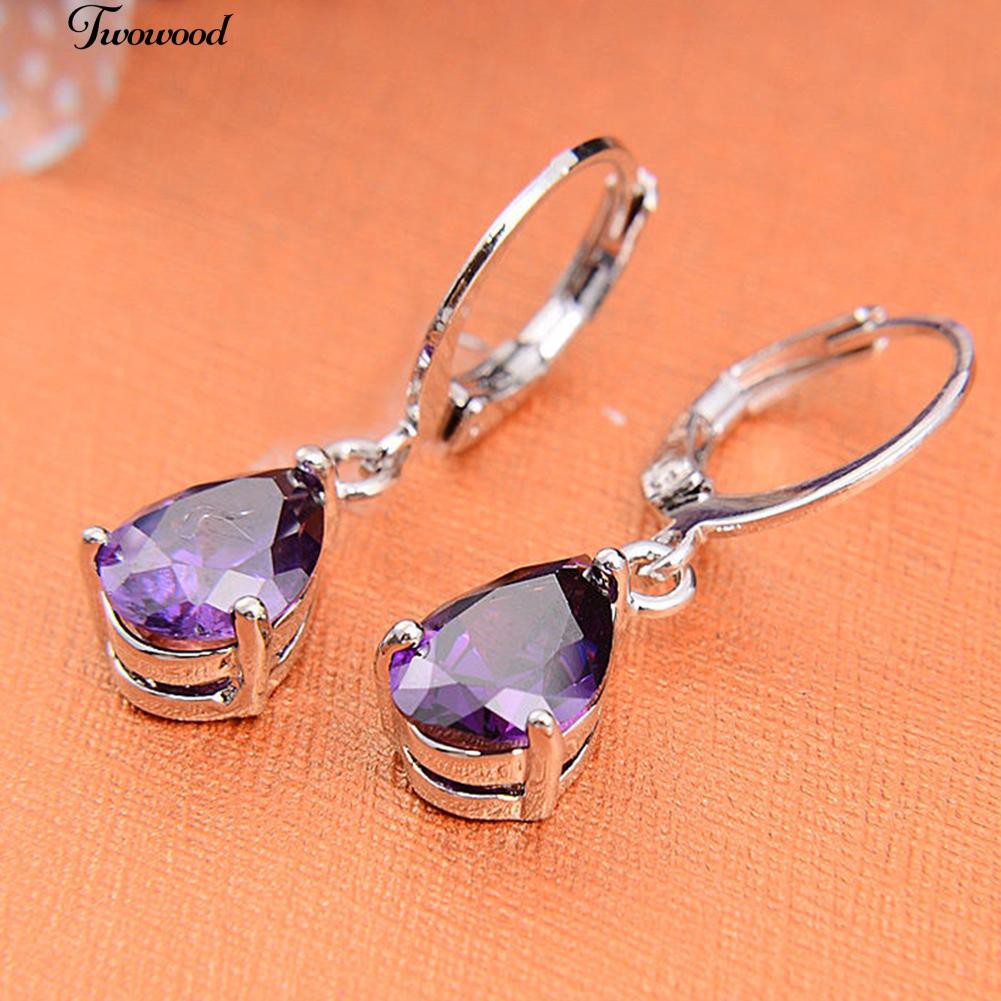 Bông Tai Đính Đá Tím Hình Giọt Nước Thời Trang