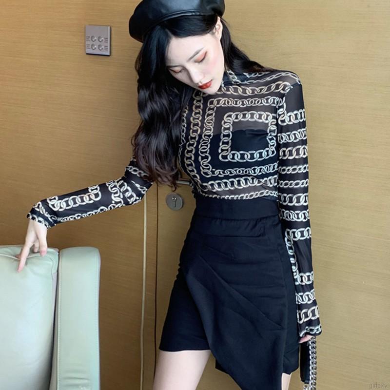 Áo Thun Tay Dài Phối Lưới Xuyên Thấu Phong Cách Hàn Quốc