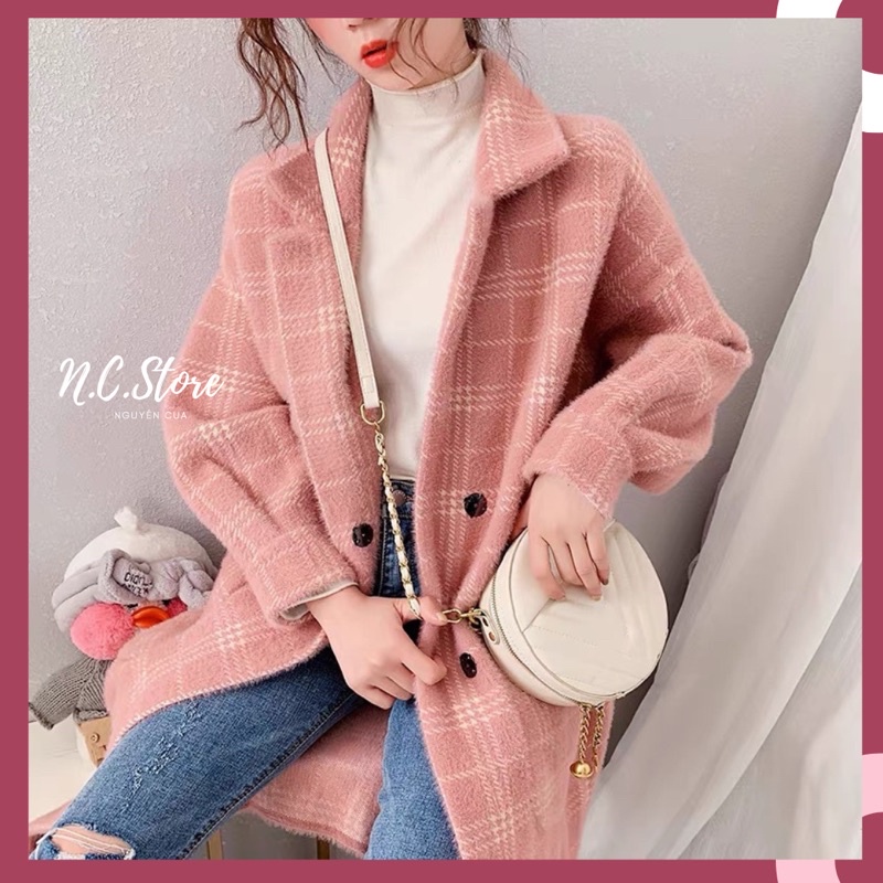 Áo Khoác Dạ Ép Lông Thỏ Caro Cổ Vest Dáng Dài