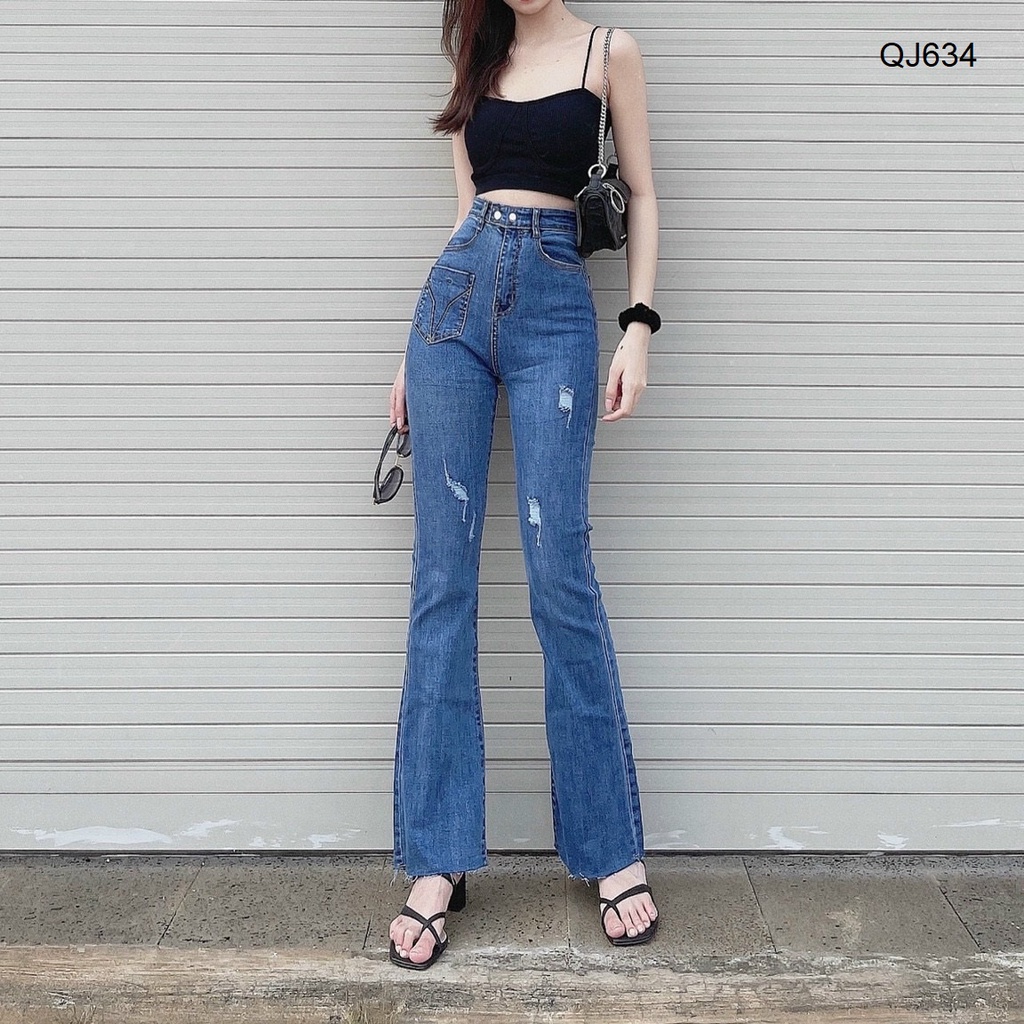 Quần jeans ống pass loe rách gối QJ634