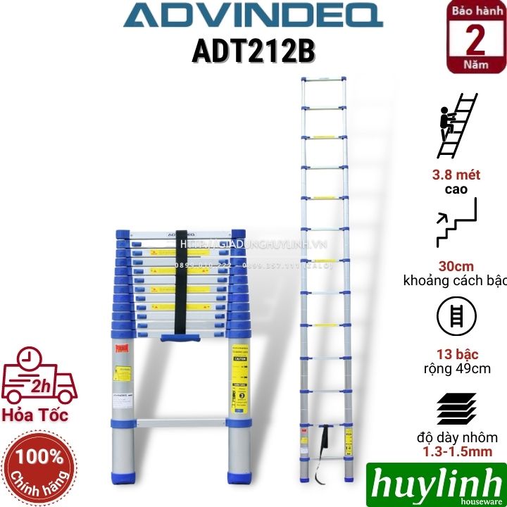Thang nhôm rút đơn Advindeq ADT212B - 3.8 mét - Tặng chốt chống kẹt