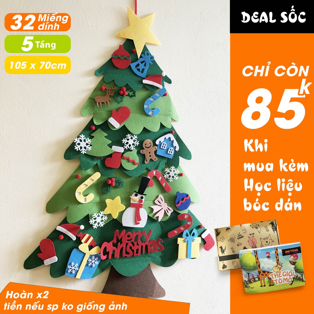 [LOẠI 1]Cây thông noel vải dạ dán dính 5 lớp - 32 phu kien - 105x70cm - kèm đèn