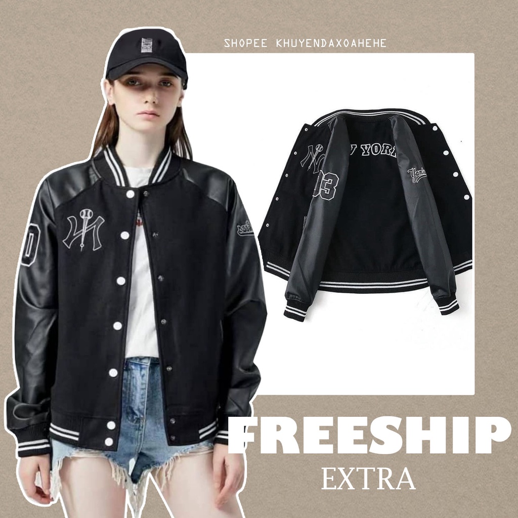 AK003 Áo khoác đen tay bo Yankee New York nam nữ bóng chày form rộng, áo  bomber unisex NY thể thao tay da cúc bấm cute