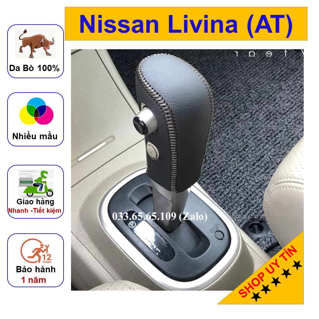 Bọc cần số phanh tay Nissan Livina số tự động bằng da bò thật, hàng loại 1, bảo hành 12 tháng