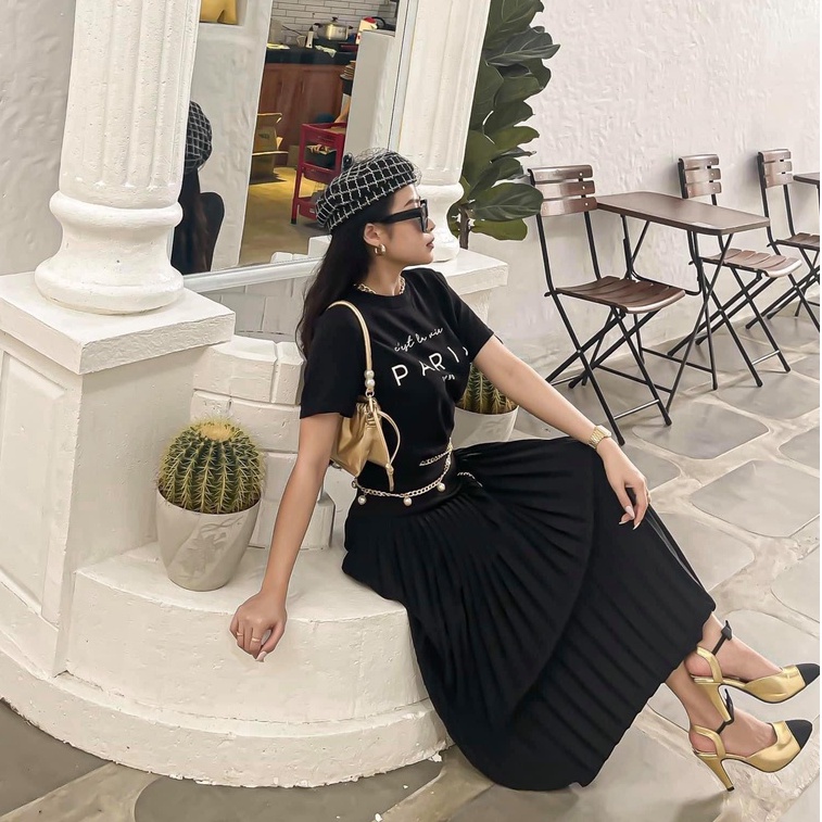 COCO SIN - Váy Midi Đen Dập Ly