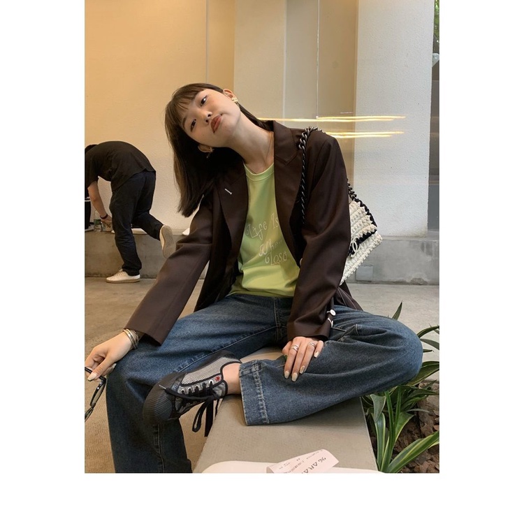 Quần Jean Ống Rộng Lưng Cao Thêu Họa Tiết Xinh Xắn Theo Phong Cách retro Hàn Quốc