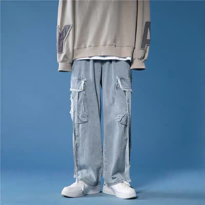 Quần Jean Dài Dáng Rộng Phối Dây Ruy Băng Cá Tính Phong Cách Hip-Hop Đường Phố Cho Nam