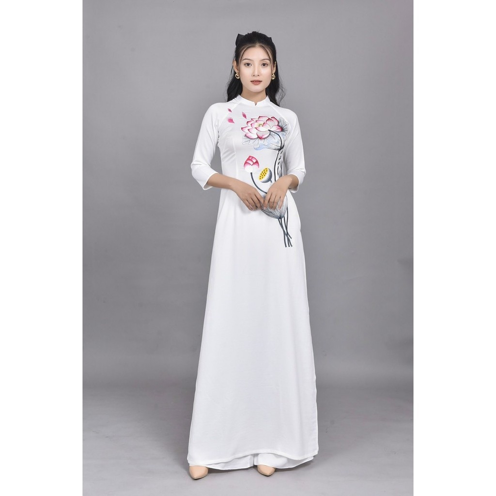 HÀNG TK - SET BỘ ÁO DÀI LỤA TRẮNG THÊU CÀNH HOA SEN TAY LỠ SIÊU XINH - LS087